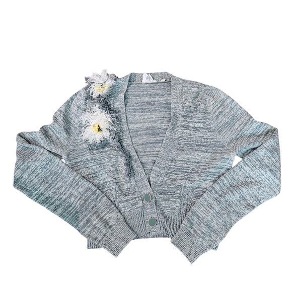 Anthro HWR Monogram Fringe Teal Green Cardigan Sweater - Flaw - Picture 2 of 9